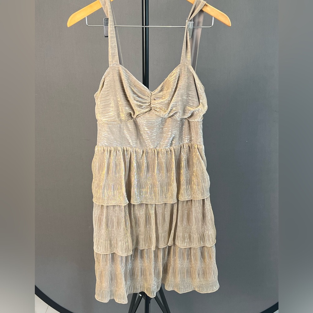 Gold Party Dress. Mini. Layered Ruffles. Sleeveless. Spaghetti Straps